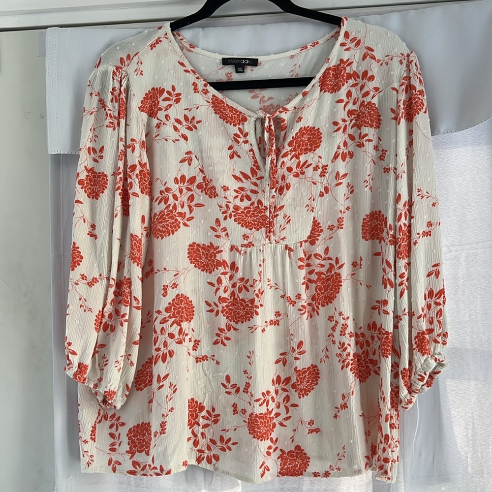 Papermoon Orange Cream Keyhole Blouse XXL Floral Top 3/4 Sleeve Crinkle EUC Boho - Picture 2 of 6